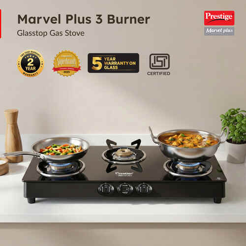 Prestige Marvel Plus 3 Burner GTM-03-Black Glass Top Gas Stove| Superior Toughened Glass-Top| Spill-Proof Design| High Speed Jumbo Burner| Black