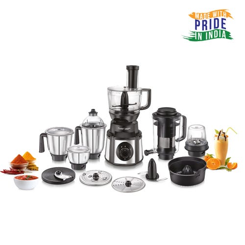 Prestige Endura Pro 1000 Watt Multi Functional Mixer Grinder | Heavy-Duty Ball Bearing Copper Motor | 6 Jars with Food Processing Attachments | 14 Functions in One | 5Y Motor Warranty