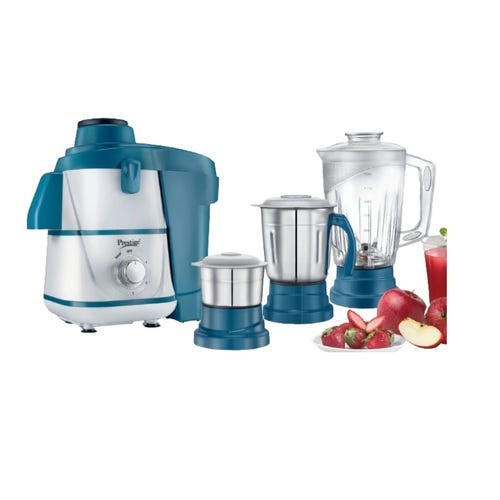 Prestige 500 Watts Breeze Juicer Mixer Grinder with 3 Jars(2 Stainless Steel Jars + 1 Juicer Jar)|Detachable Pulp Collector|Double Lock System|Efficient Stainless Steel Sieve|Juice Outlet|Blue & White
