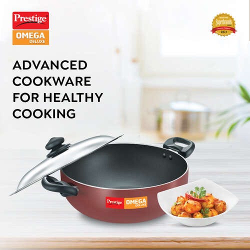 Prestige (30cm/ 6L) Omega Deluxe Non-Stick Kadai with Stainless Steel Lid|Gas and Induction Compatible (Red)