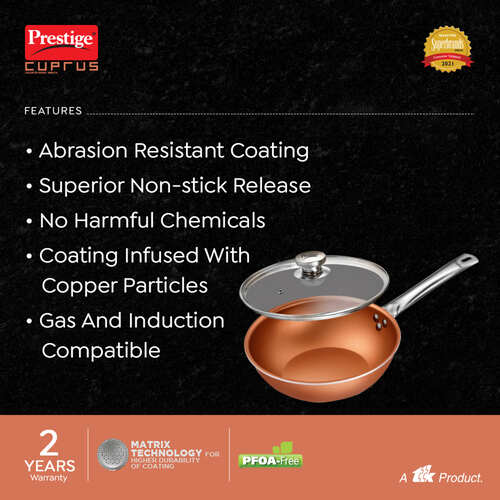 Prestige Cuprus Aluminium Gas and Induction Compatible Non-Stick Kadai with Glass Lid, (Copper)