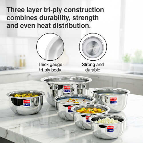 Prestige 6-Piece Tri-Ply Stainless Steel Tope Set| Gas & Induction Compatible| Even Heat Distribution| Strong and Durable| 5 Years Warranty