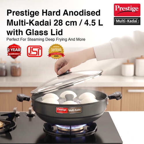 Prestige Hard Anodised Induction Base Multi-Kadai with Glass Lid (Dhokla Plate, Patra Plate, Idli Plates), 28cm (Black)