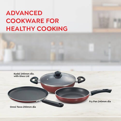 Prestige Omega Deluxe Induction Compatible Non-stick Kitchen Set (Omni Tawa 25 cm, Fry Pan 24 cm, Kadai with Glass Lid 24 cm Dia) (Maroon)
