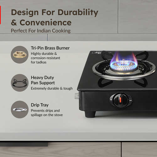Prestige Iris 3 Burner Gas Stove | Toughened Glass Top | Tri-Pin Brass Burners | Ergonomic Knob | Black | 2Y Warranty | ISI Certified