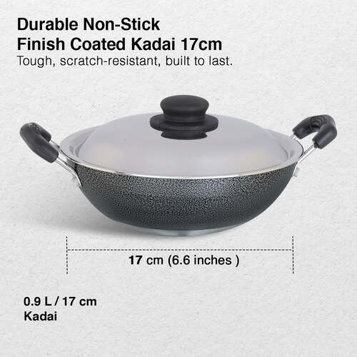 Prestige Omega Select Plus Superior Non-stick Coating Round Base Kadai with Lid, 17cm (Black)