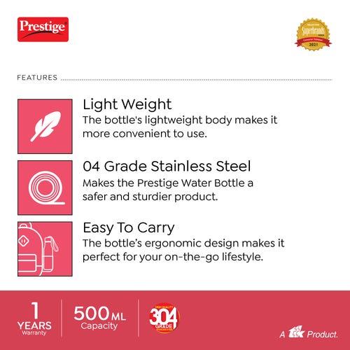 Prestige Thermopro PSWBC 11 Stainless Steel Water Bottle, 0.5L (Silver)