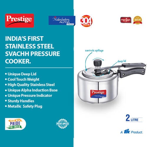 Prestige Nakshatra Alpha Svachh Stainless Steel Spillage Control Pressure Cooker (Silver)