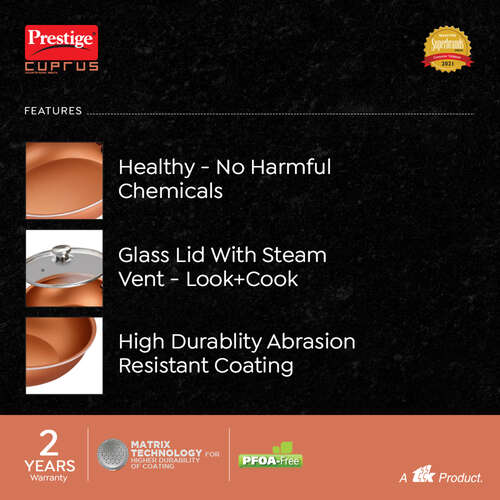 Prestige Cuprus Aluminium Gas and Induction Compatible Non-Stick Kadai with Glass Lid, (Copper)