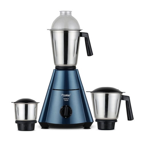 Prestige 750 Watts Grace Mixer Grinder with 3 Stainless Steel Jars|3 Super Efficient Blades|Sturdy Handles|Dome Shaped Lid|Blue & Black