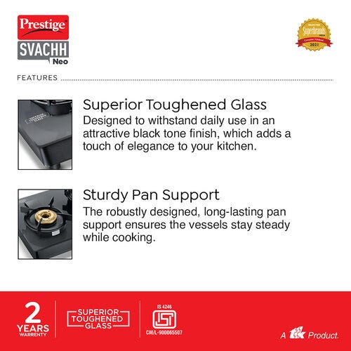 Prestige Svachh Neo Toughened Glasstop Gas Stove with Liftable Burners (Black)
