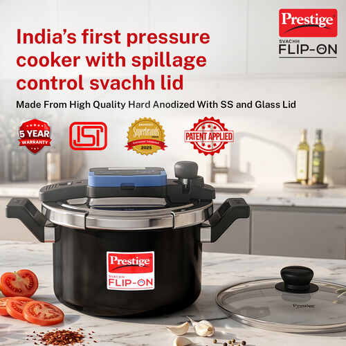 Prestige Svachh Flip-on Hard Anodised Gas and Induction Compatible Pressure Cooker with Glass Lid, 5 Litre (Black)