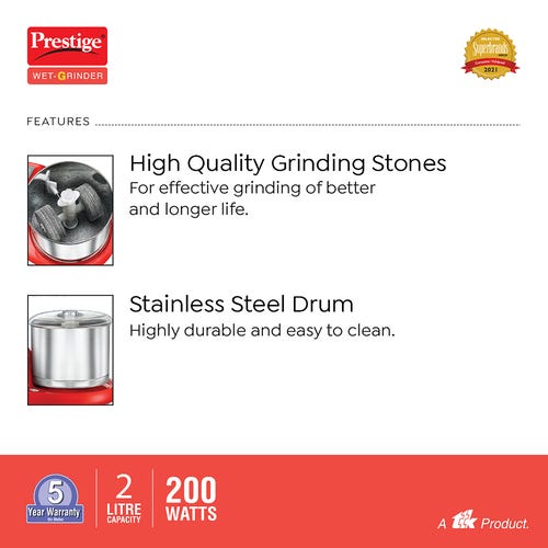 Prestige PWG 11 Red Wet Grinder With Atta Kneader and Coconut Scraper Attachments, 2L, 200 W