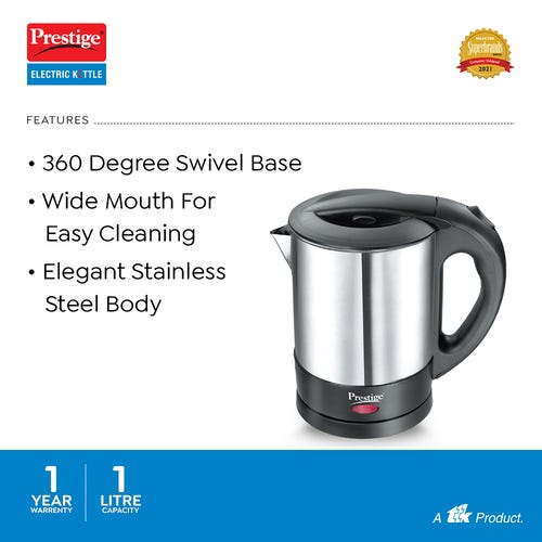 Prestige PKSS 1.0 Stainless Steel Electric Kettle 1350W, 1.0L (Silver)