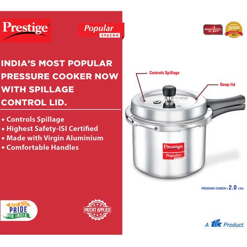 Prestige Popular Svachh Virgin Aluminium Gas and Induction Compatible Pressure Cooker, (Silver)