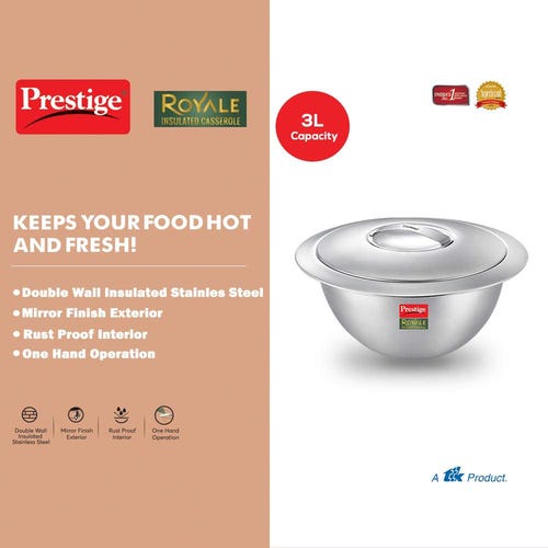 Prestige Royale Stainless Steel Insulated Casserole, 3 Litre, 28.5 cm - Silver