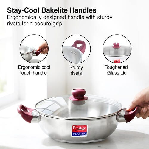 Prestige Platina Popular Stainless Steel Unique Impact Forged Bottom Kadai with Toughened Glass Lid, 24cm (2.8 L) (Silver)