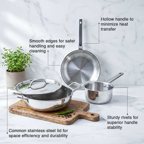 Prestige TRIPLY 4 Pc Cookware Set | TRIPLY Splendid | Fry Pan 24cm/1.7L | Kadai 24cm/2.7L | Sauce Pan 16cm/1.5L | SS Lid 24cm | Gas & Induction Compatible | Even Heat Distribution | 15Y Warranty | ISI