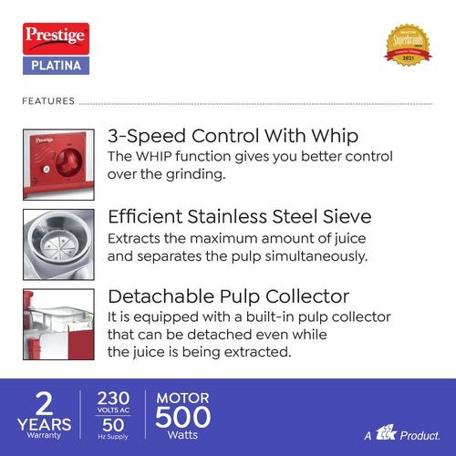 Prestige 550 Watts Platina Juicer Mixer Grinder with 3 Jars (2 Stainless Steel Jars + 1 Juicer Jar)| Detachable Pulp Collector| Stainless Steel Sieve| Double Lock System