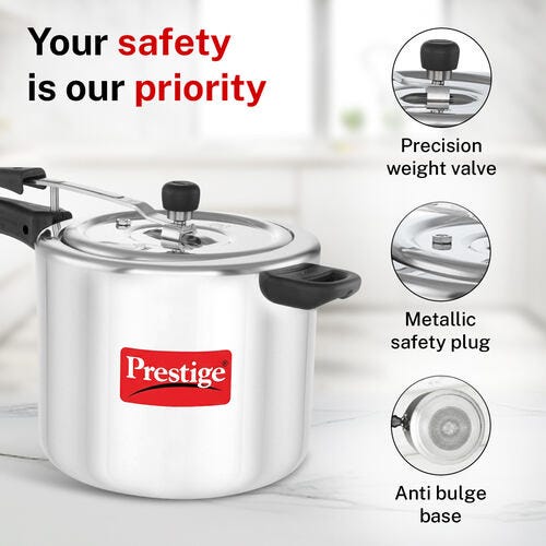 Prestige Nakshatra Plus Svachh Aluminium Inner Lid Pressure Cooker with Unique Deep Lid for Spillage Control, 10 Litre, Silver