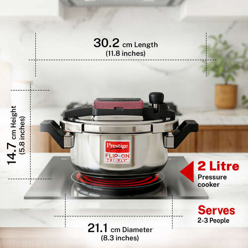 PRESTIGE FLIP-ON TRI-PLY STAINLESS STEEL PRESSURE COOKER 2 L 180m WITH GLASS LID