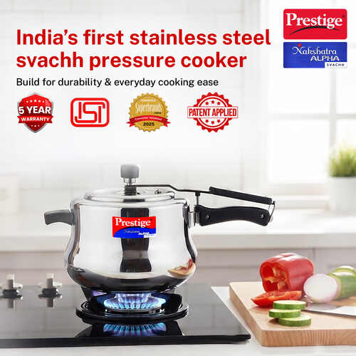 Prestige Nakshatra Alpha Svachh Stainless Steel Spillage Control Handi Pressure Cooker, 5.5 L (Silver)