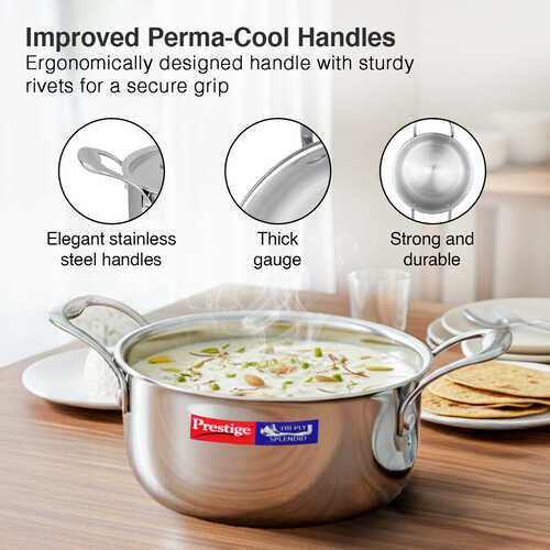 Prestige 28cm/7.2L Tri-Ply Stainless Steel Splendid Casserole| Gas and Induction Compatible |Even Heat Distribution| Thick Gauge Tri-Ply Body| Perma Cool Handles|15 Year Warranty