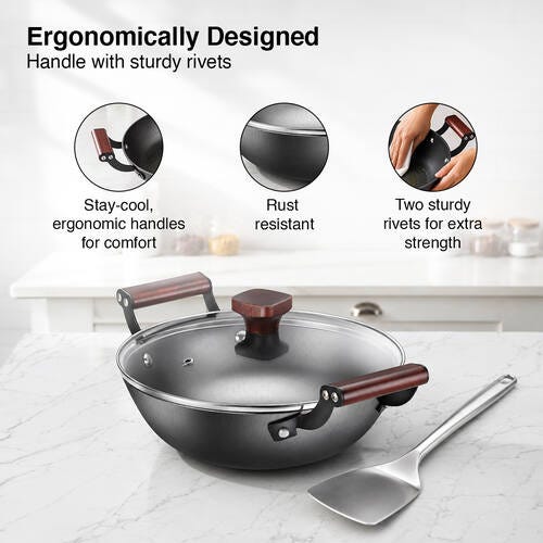 Prestige Lightweight Cast Iron Kadai 24cm/2.4L with Glass Lid | Castlite Series | Durable & Easy to Clean | Enamel Coated | Gas & Induction Compatible | 15Y Product Warranty