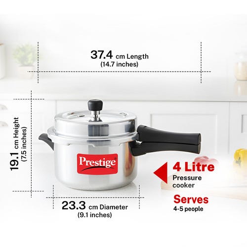 Prestige 4 Litre Aluminium Popular Svachh Outer Lid Pressure Cooker | Deep Lid for Spillage Control | Anti-Bulge Base | Gasket Release System | 5Y Warranty | ISI Certified