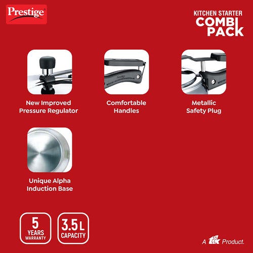Prestige Nakshatra Alpha Gas and Induction Compatible Pressure Cooker (3.5 L) + Platina Popular Kadai with Glass Lid, 22 cm (2.25 L) Kitchen Set
