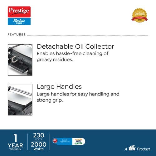 Prestige PEG 4.0 Electric Grill 2000 W with Detachable Oil Collector