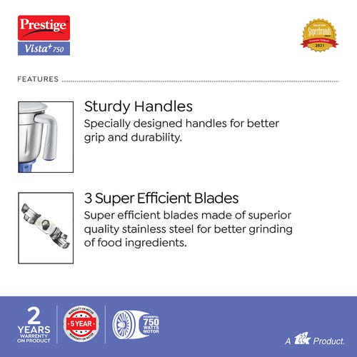 Prestige Vista Plus 750W Mixer Grinder with 3 Stainless Steel Jars(White & Blue, Superior Grade Plastic Body, Wet jar-1550ml, Dry Jar-1300ml, Chutney Jar-480ml)