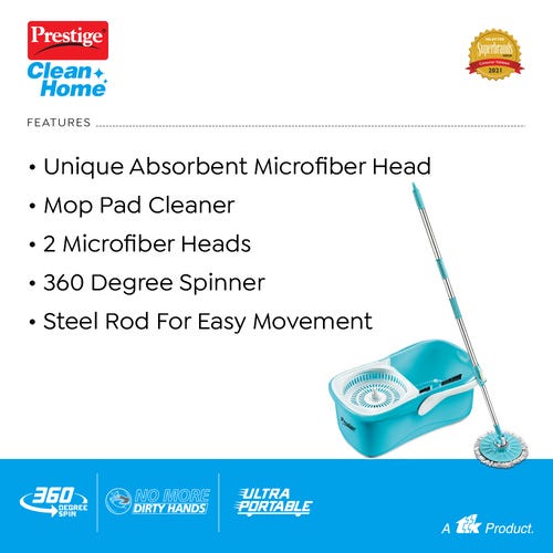 Prestige CleanHome PSB 05 Plastic Magic Mop with Two Mop Heads and Twin Bucket, 4.5L (Blue)