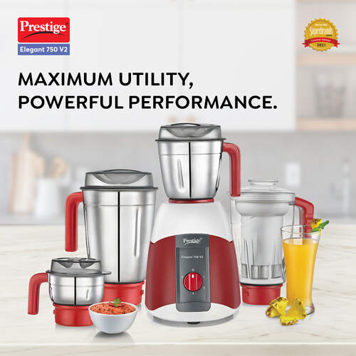 Prestige 750 Watts Elegant 750 V2 Mixer Grinder with 4 Jars (3 Stainless Steel Jars + 1 Juicer Jar)| Sturdy Handles| 4 Super Efficient Blades| Transparent Juicer Jar| Red and White