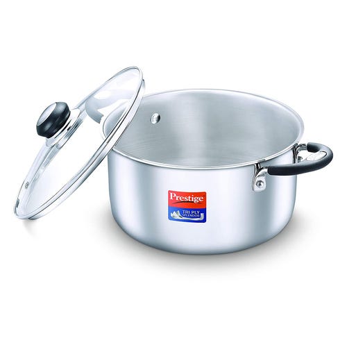 Prestige 20cm/3.25L Tri-Ply Stainless Steel Splendor Casserole with Glass Lid|Gas and Induction Compatible| Even Heat Distribution|Strong and Durable| Perma-Cool Handles| Lifetime Warranty
