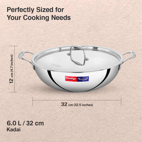 Prestige 32cm/6.0L Tri-Ply Stainless Steel Splendid Kadai with Lid|Gas and Induction Compatible|Even Heat Distribution| Thick Gauge Tri-Ply Body| Perma Cool Handles|15 Year Warranty