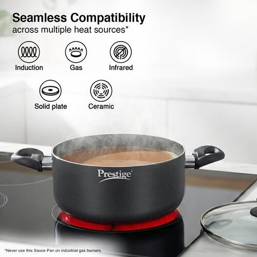Prestige Omega Deluxe Granite Non-stick Round Base Sauce Pan with Glass Lid, 26cm, 5.75 L (Black)
