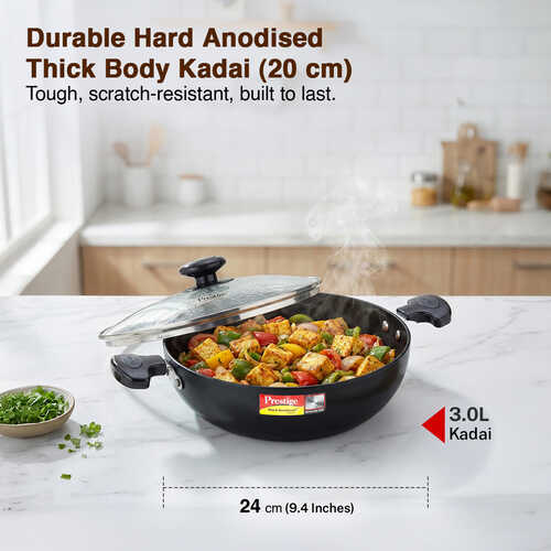 Prestige Hard Anodised Plus Gas and Induction Compatible Kadai with Glass Lid, 24 cm, Black