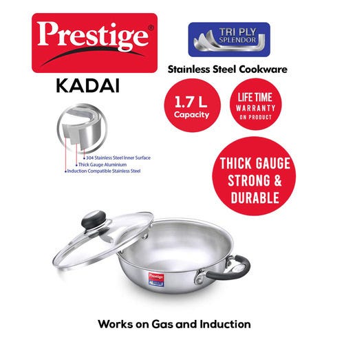 Prestige 20cm/1.6L Tri-Ply Stainless Steel Splendor Kadai with Lid| Gas & Induction Compatible| Even Heat Distribution| Strong and Durable| Perma-Cool Handles| Lifetime Warranty