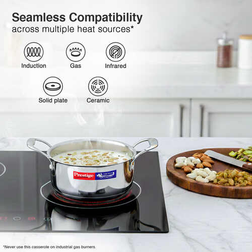 Prestige 16cm/1.5L Tri-Ply Stainless Steel Splendid Casserole| Gas and Induction Compatible |Even Heat Distribution| Thick Gauge Tri-Ply Body| Perma Cool Handles|15 Year Warranty