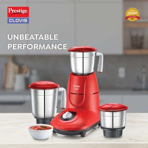 Prestige Clovis 550 W Mixer Grinder, 3 Jars (1500 ml, 1000 ml, 300 ml) (Red, Silver)
