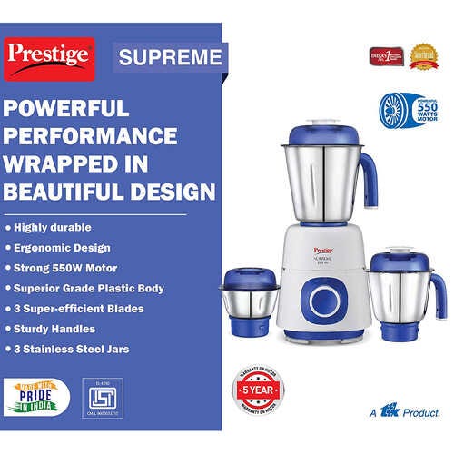 Prestige 550 Watts Supreme Mixer Grinder with 3 Stainless Steel Jars| Ergonomic Design| Sturdy Handles| Blue & White