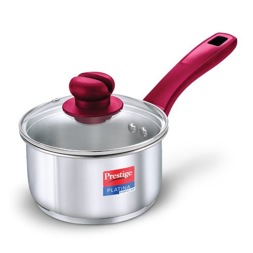Prestige Platina Popular Stainless Steel Unique Impact Forged Bottom Sauce Pan with Glass Lid, 14cm (1 L) (Silver)