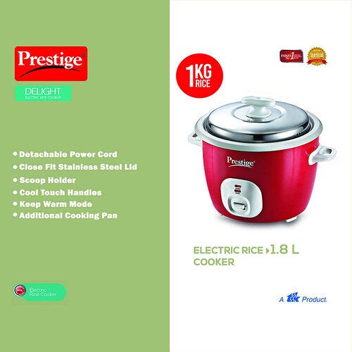 Prestige Cute Rice Cooker with Close Fit Stainless Steel Lid (Red)