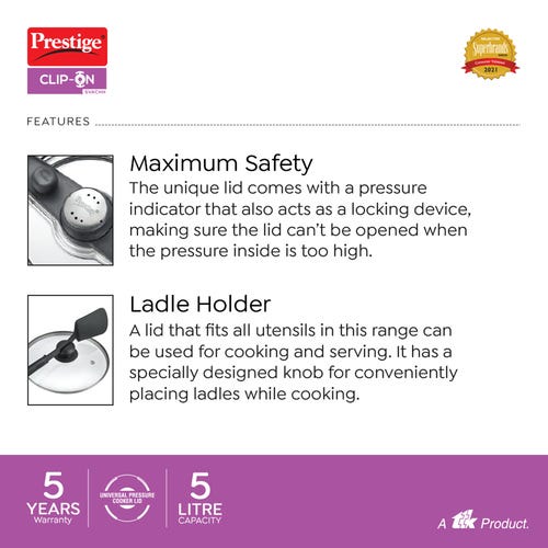 Prestige Clip-on Svachh Stainless Steel Spillage Control Pressure Cooker with Glass Lid, 5 L (Silver)