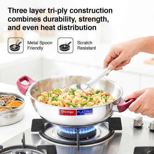Prestige Platina Popular Stainless Steel Unique Impact Forged Bottom Kadai with Toughened Glass Lid, 30cm (5.5 L) (Silver)