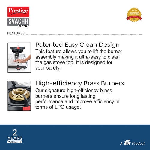 PRESTIGE SLEEK SVACHH GAS STOVE (WITH STAINLESS STEEL TOP AND 2 UNIT BRASS BURNER)