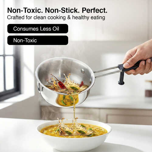 Prestige 13cm/550ml Tri-Ply Stainless Steel Splendor Tadka Pan|Gas & Induction Compatible| Rimmed Edge| In-Built Stand| Heat Resistance Handle| Thick Gauge| Life Time Warranty