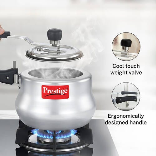Prestige Nakshatra Plus Svachh Aluminium Spillage Control Handi Pressure Cooker, 2 L (Silver)