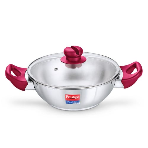 Prestige Platina Popular Stainless Steel Unique Impact Forged Bottom Kadai with Toughened Glass Lid - Silver
